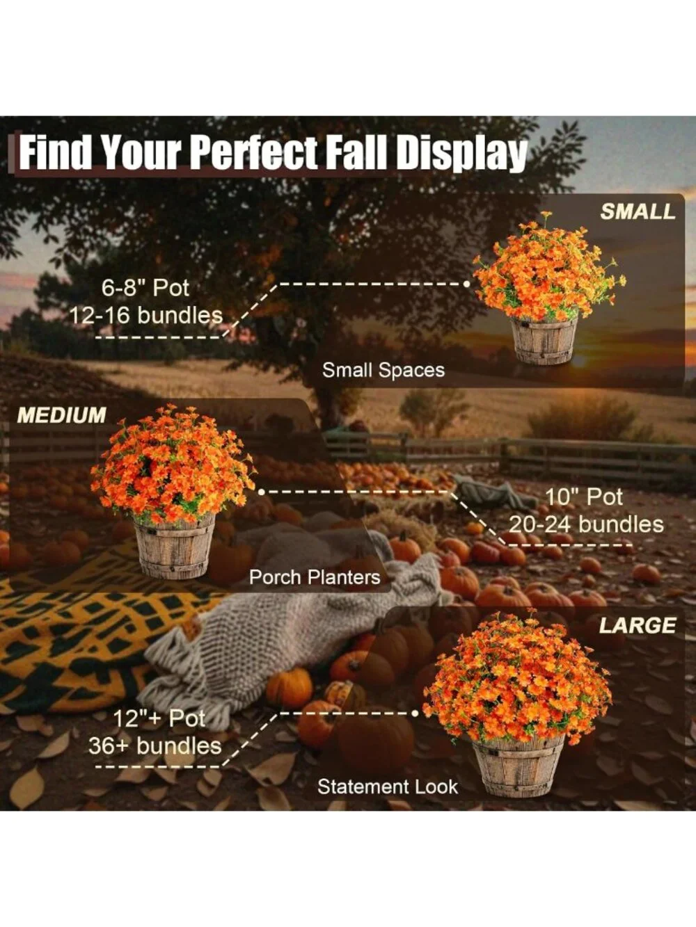 8 Bundles UV Resistant Faux Flowers - Orange Mums for Home Garden & Wedding